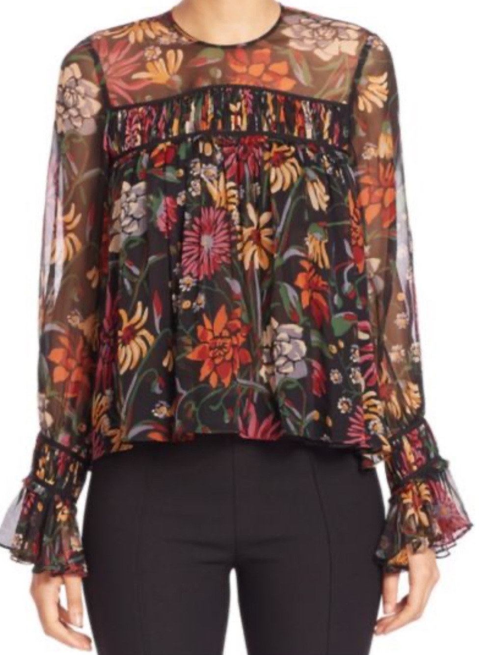 cinq a sept Black Sheer Floral Peasant Blouse